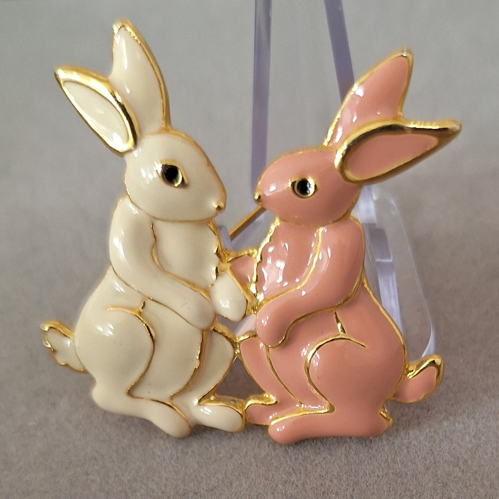 Gold Pink & Cream Enamel Rabbits Brooch Vintage Spring Bunnies